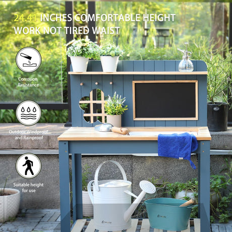 GROWRKS Potting Bench Outdoor Potting Table—All-Weather Kids Solid Wood Garden Work Station with Sink、Drawing Board、Shelves, Weather Proof（Blue, Large） GROWRKS