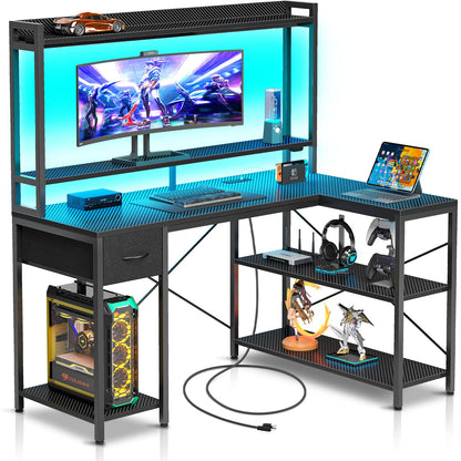 Seventable Gaming Desk with LED Light & Power Outlets, 47 inch Computer Desk with Shelves, Reversible L Shaped Desk with Monitor Stand, Corner Desk for Small Space, Carbon Fiber Black - WoodArtSupply