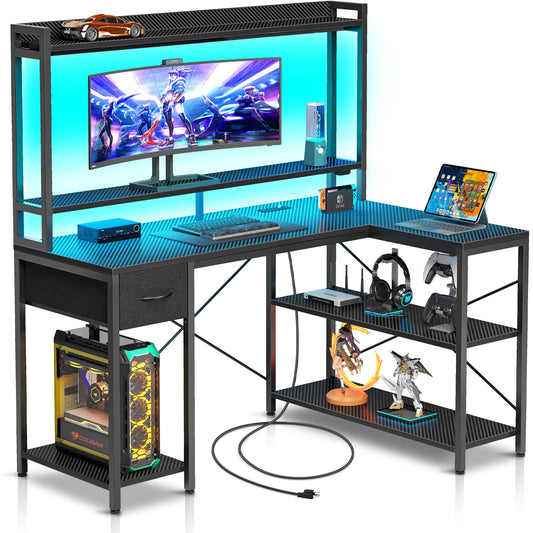 Seventable Gaming Desk with LED Light & Power Outlets, 47 inch Computer Desk with Shelves, Reversible L Shaped Desk with Monitor Stand, Corner Desk for Small Space, Carbon Fiber Black - WoodArtSupply