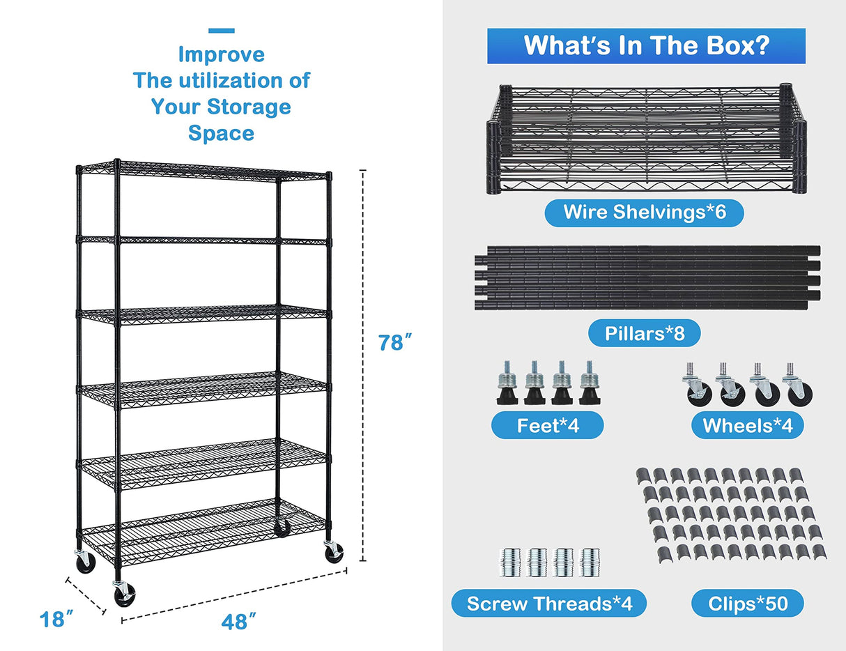 6000Lbs Capacity Metal Shelving Unit 6 Tier Adjustable Shelves for Storage Heavy Duty Commercial Grade Wire Shelf with Wheels & Feet 48" ×18" ×78" Storage Rack for Warehouse Garage Pantry Basement MKDLUFEI