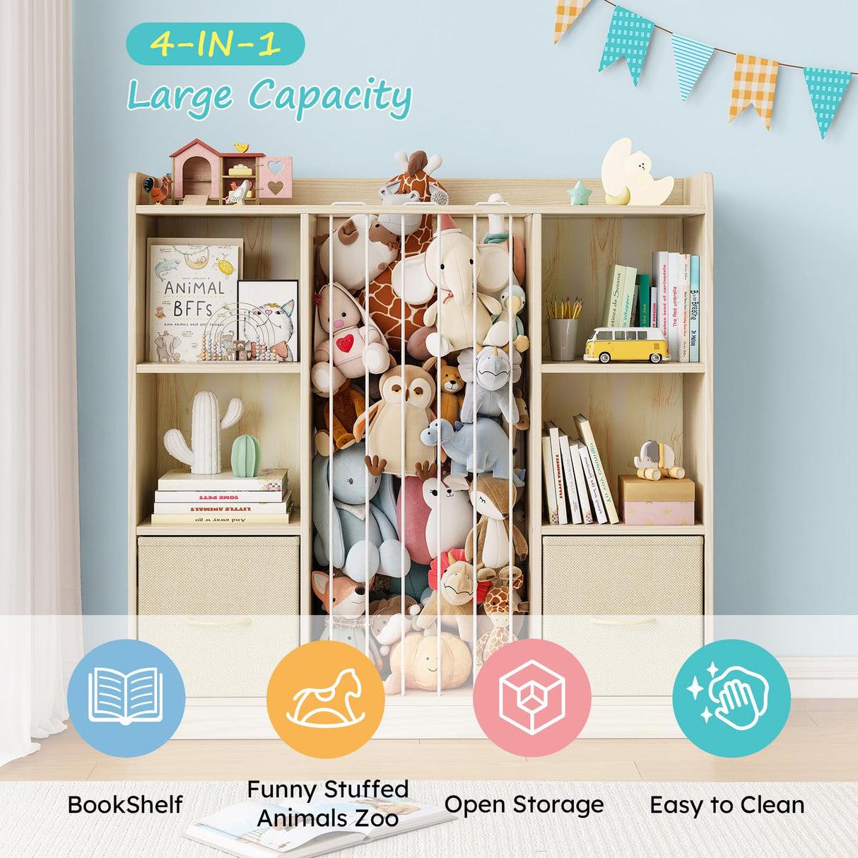 EXPERLAM Toy Storage Organizer with Stuffed Animal Storage, Wooden Toy Organizer & Stuffed Animal Zoo, 6 Cubes Shelf with Removable Drawers, 4 -in-1 Book Shelf for Kids Room, Playroom, Nursery EXPERLAM