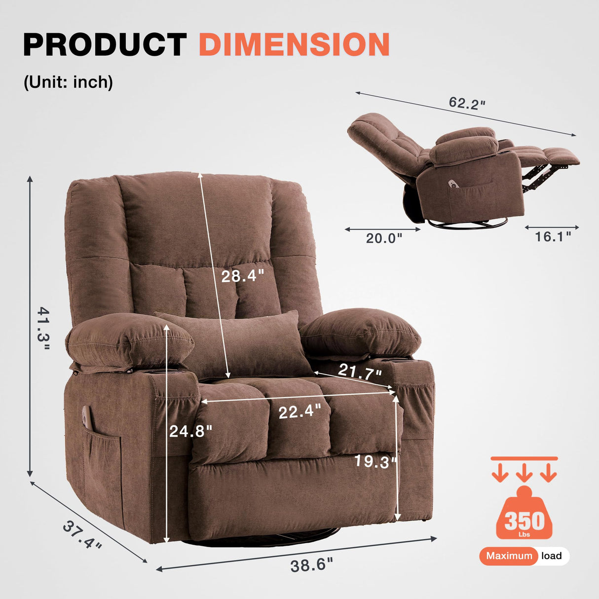 Massage Swivel Recliner Chair with Vibration Massage and Lumbar Heating for Adults,Oversized Rocker Recliner Single Sofa with Side Pocket,Two Cup Holders and USB Charge Port for Living Room MAHOMICO