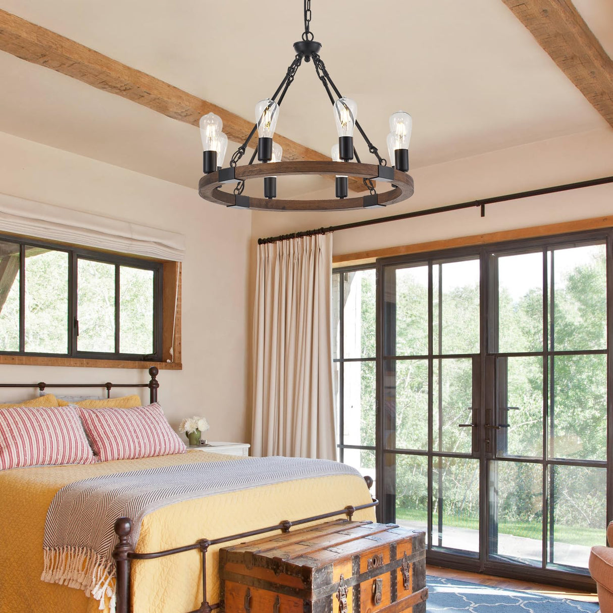 brfaixla 8 Lights 23.6'' Wooden Wagon Wheel Chandelier Farmhouse, Black Metal Ceiling Pendant Light Industrial Vintage Rustic Round Wood Chandeliers for Living Dining Room Kitchen Entryway Foyer brfaixla