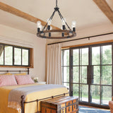 brfaixla 8 Lights 23.6'' Wooden Wagon Wheel Chandelier Farmhouse, Black Metal Ceiling Pendant Light Industrial Vintage Rustic Round Wood Chandeliers for Living Dining Room Kitchen Entryway Foyer brfaixla