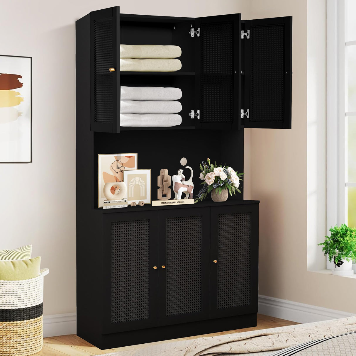 ORRD Black Freestanding Kitchen Pantry Cabinet with Iron Rattan Doors - 6 Door Modern Sideboard Storage Solution ORRD