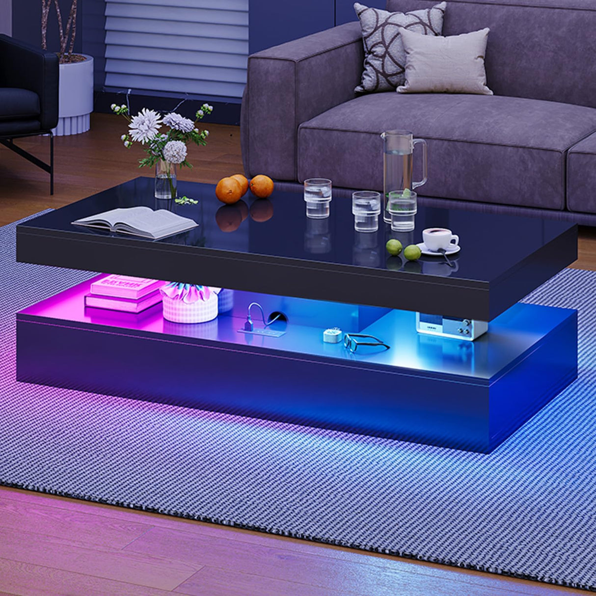 Nordivale 47” High-Glossy LED Coffee Table with 2 Sliding Drawers, Living Room Storage Coffee Tables, Modern Stylish Double-Layer Center Tables with LED Lights, Black Nordivale