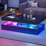 Nordivale 47” High-Glossy LED Coffee Table with 2 Sliding Drawers, Living Room Storage Coffee Tables, Modern Stylish Double-Layer Center Tables with LED Lights, Black Nordivale