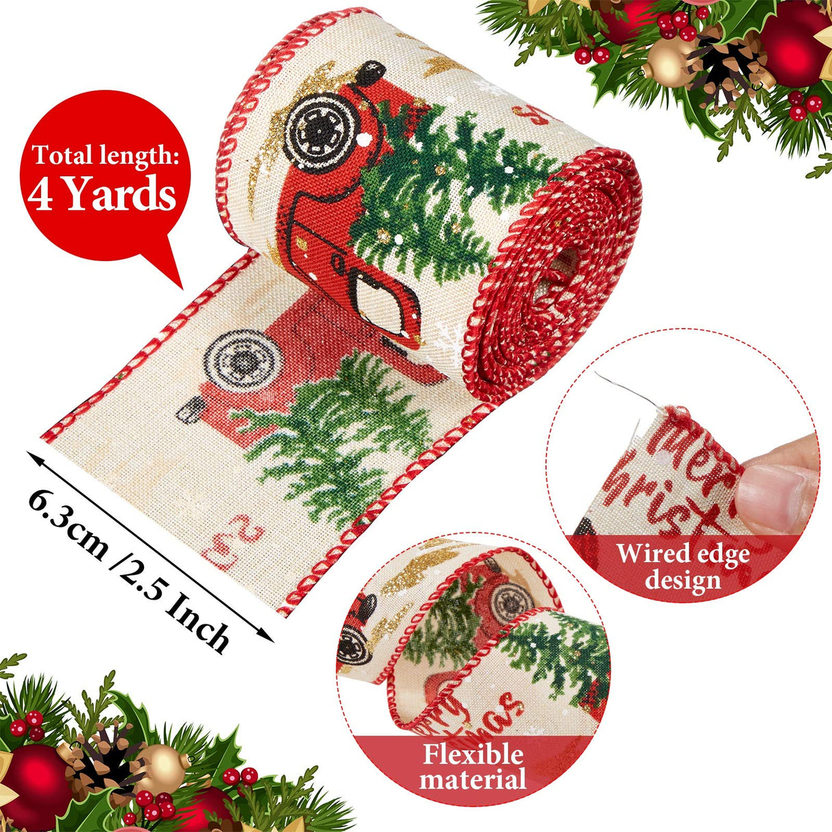 Boao 6 Rolls Christmas Wired Ribbons 2.5 Inch x 24 Yards Buffalo Red White Black Plaid Ribbons Vintage Truck Trees Glittered Snowflake Wired Edge Ribbon for Christmas DIY Wrapping Wedding Floral Craft Boao