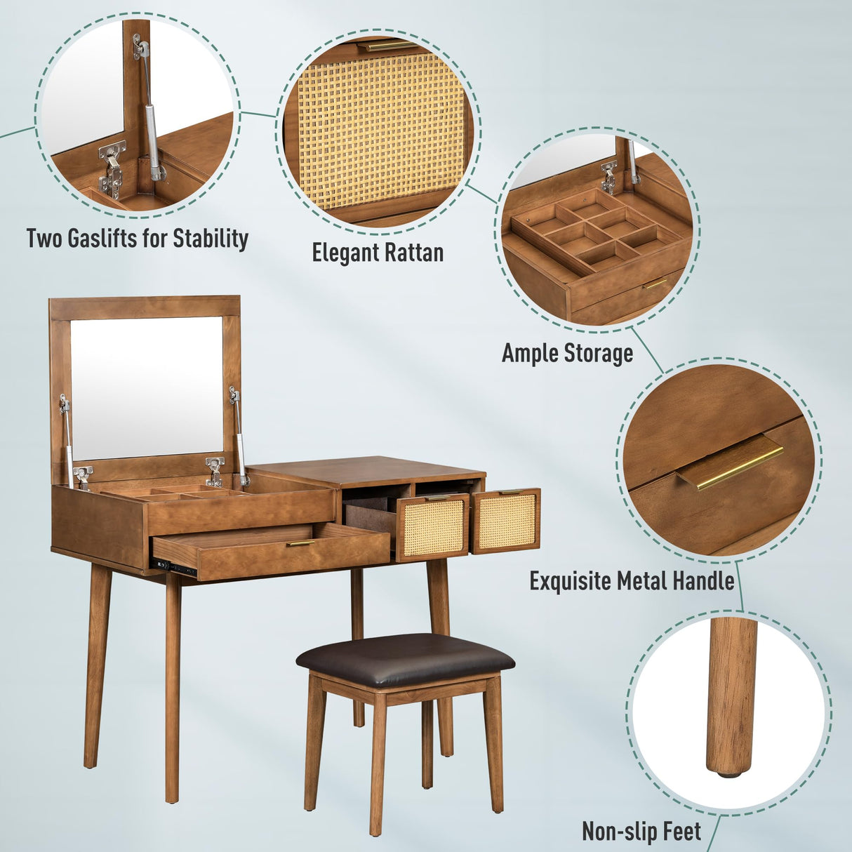 Merax 43.3" Classic Wood Makeup Vanity Desk Set with Flip-top Mirror, Dressing Table with 3 Storage Drawers and Cushioned Stool, Brown Merax