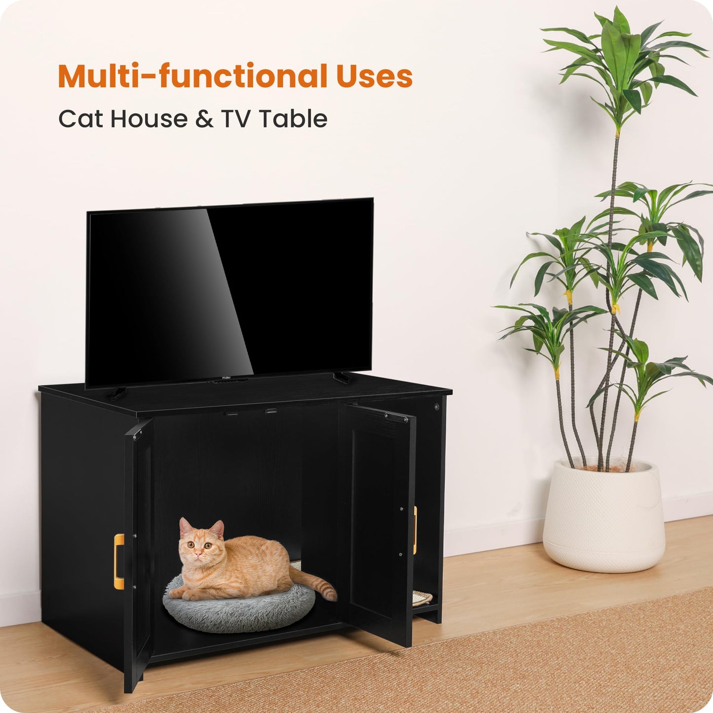 Dwanton Litter Box Enclosure, Cat Litter Box Furniture Hidden, with Scratching Mat, Wooden Cat Washroom Indoor, Fit Most of Litter Box, 31.5" L x 19.7" W x 21.7" H, Black