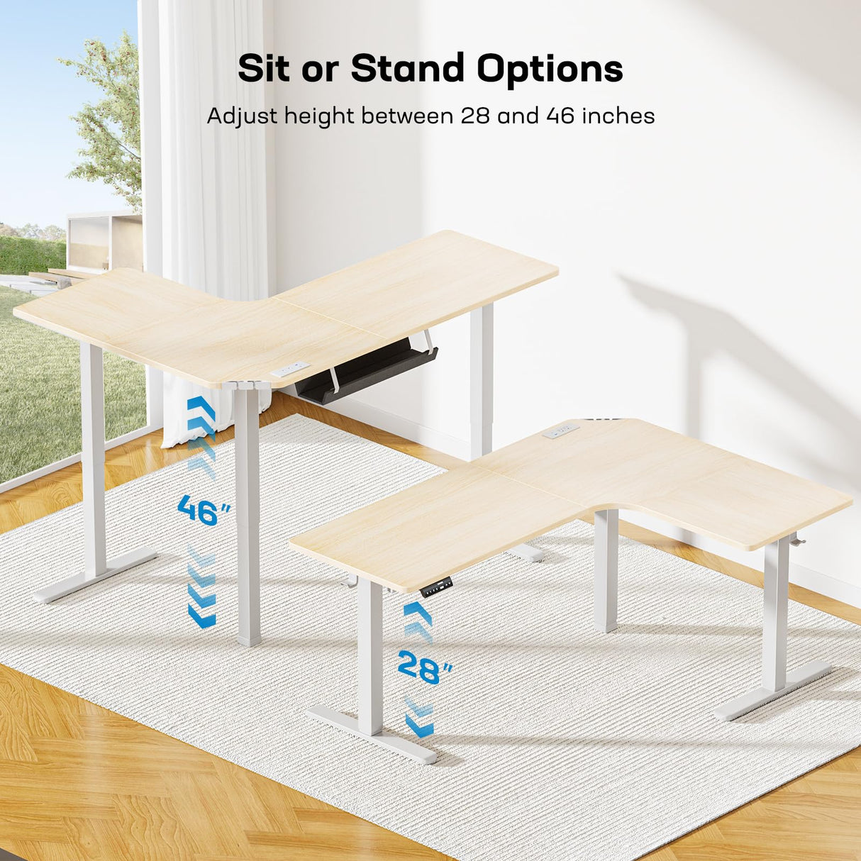 HUANUO 63″ Dual Motor L-Shaped Standing Desk, Built-in Power Outlets, Electric Height Adjustable Corner Computer Desk, Large Power Strip Holder, Sit Stand Up Desk with 3 Preset Heights, Natural Wood HUANUO