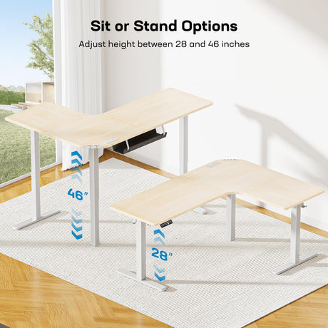HUANUO 63″ Dual Motor L-Shaped Standing Desk, Built-in Power Outlets, Electric Height Adjustable Corner Computer Desk, Large Power Strip Holder, Sit Stand Up Desk with 3 Preset Heights, Natural Wood HUANUO