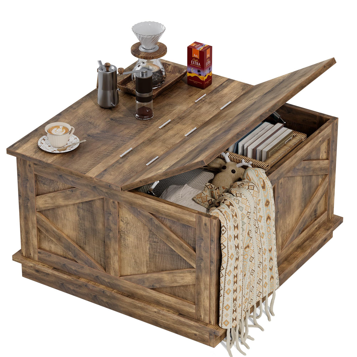 YESHOMY 31.5 inch Farmhouse Coffee Table, Coffee Tables for Living Room, Center Table with Flip-Top Lids, Large Storage Space (Brown) YESHOMY