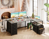 Coleshome L Shaped Computer Desk with 6 Drawers & Power Outlet, 55 Inch Corner Desk with Reversible Storage Shelf & File Drawer, Home Office Desk, Grey Oak Coleshome