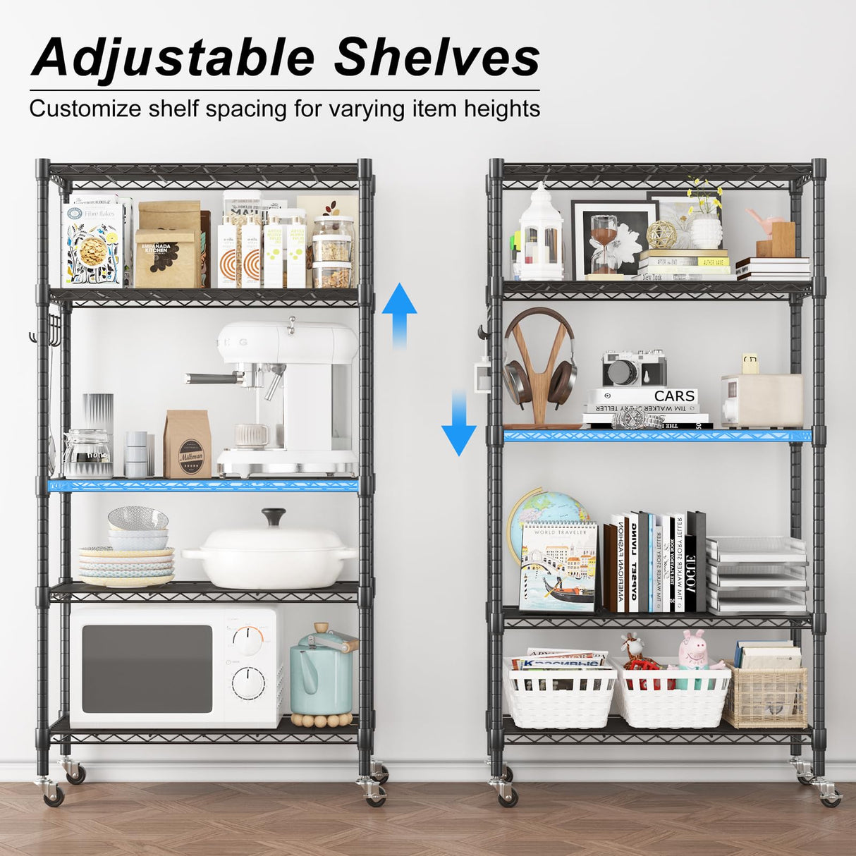 Homdox 5 Tier Metal Storage Shelves with Wheels, Heavy Duty Wire Shelving Unit, Adjustable Storage Racks with Side Hooks for Bathroom Kitchen Garage Homdox