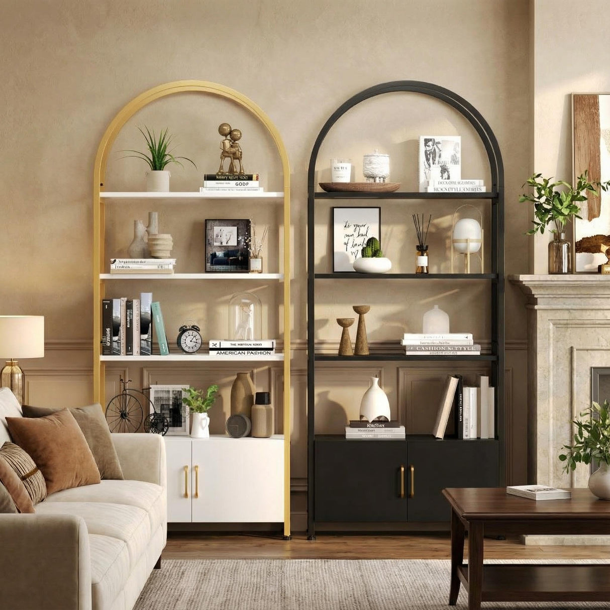 Garvee Gold Bookshelf, Arched Bookcase with Studry Metal Frame and Quality Board, Modern Book Shelf with 4-Tier Open Shelves for Living Room, Bookshelf with Doors Storage,71.5" Tall Book Shelf Garvee