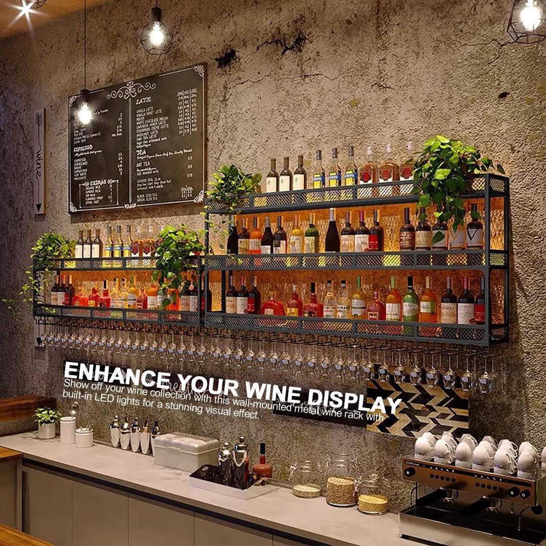 GWLQRTXV X2 47in Wine Rack with LED Lighting Wall Mounted Glass Holder, 3-Tiers Liquor Bottles Shelves Display Storage Organizer Hanging Long Stemware Goblet Metal for Home Mini Bar Cellar Black GWLQRTXV