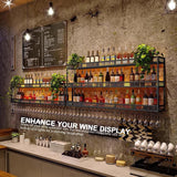 GWLQRTXV X2 47in Wine Rack with LED Lighting Wall Mounted Glass Holder, 3-Tiers Liquor Bottles Shelves Display Storage Organizer Hanging Long Stemware Goblet Metal for Home Mini Bar Cellar Black GWLQRTXV