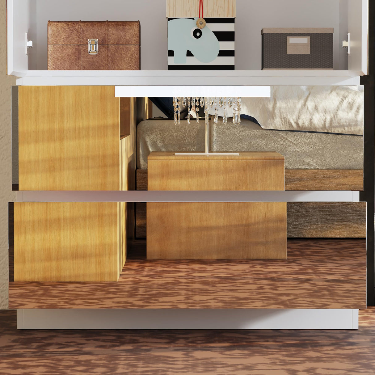 WOODTIME Wardrobe Closet with All Mirror, Wooden Armoire with 2 Doors, 2 Drawers & Hanging Rod, Clothes Storage Cabinet Organizer for Bedroom Apartment, White WOODTIME