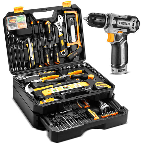 Tool Kit Box Drill Set：DEKOPRO Home Mechanic Toolbox with 12V Power Cordless Drill Hand Repair Tools Sets Combo Kits Storage Organizer Drawer Case for Men DEKOPRO