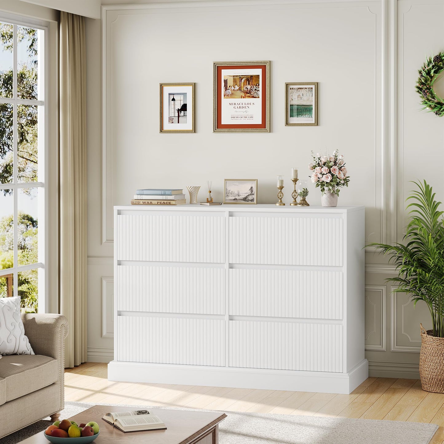 HOSTACK White Dresser, Modern 6 Drawer Double Dresser, Wide Dresser Chest of Drawers with Wavy Pattern | Handleless Deep Drawers, Wood Storage Dresser Cabinet for Living Room, Hallway, Entryw - WoodArtSupply