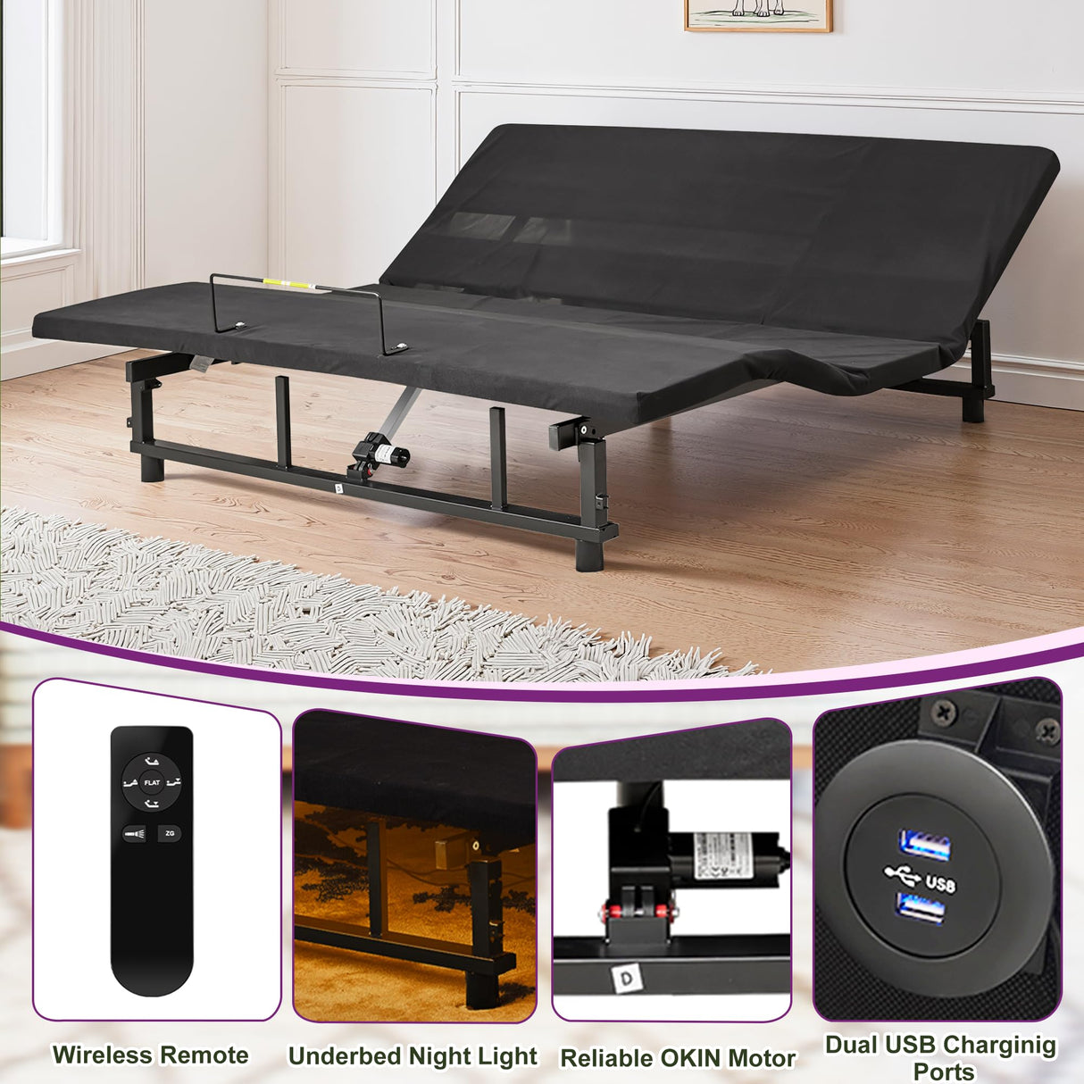 HIGREENA Adjustable Bed Frame King Size，Wireless Remote Control, Head and Foot Incline, Adjustable Bed Frame with USB Ports & Night Light, Anti-Snore HIGREENA