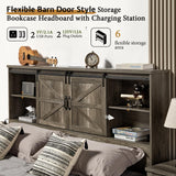 VanAcc Rustic Grey Queen Size Wooden Platform Bed Frame with Bookcase Headboard & Storage Drawers VanAcc