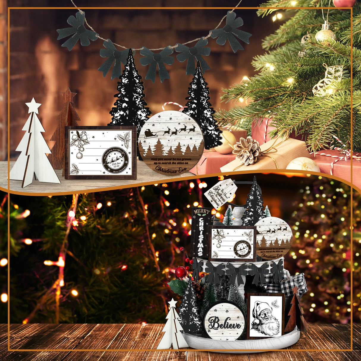 FairySandy Christmas Tiered Tray Decor Wooden Sign Farmhouse Tier Tray Decorations for Home Xmas Winter Party Bathroom Kitchen Bedroom (Stylish Style, 15 Pcs) FairySandy