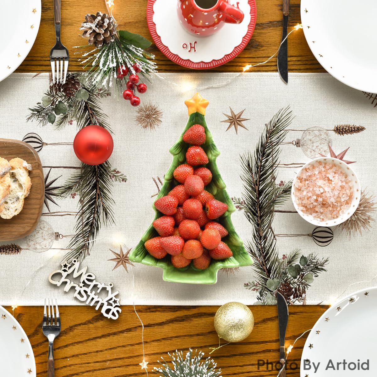 Artoid Mode Xmas Trees Holly Pine Cone Merry Christmas Table Runner, Seasonal Winter Kitchen Dining Table Decoration for Home Party Decor 13x72 Inch Artoid Mode