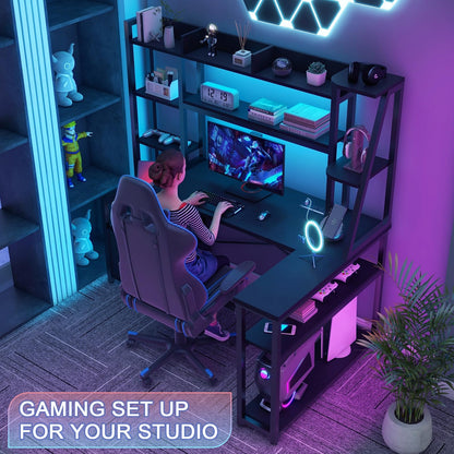 64" L Shaped Computer Desk with LED Lights and Power Outlets, L Shaped Gaming Desk with 2 Drawers Hutch Monitor Stand, Home Office Desk with USB Port