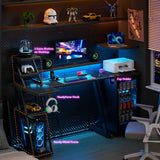 Korfile Reversible Corner Gaming Desk with LED Lights & Power Outlet, L Shaped Computer Desk with Extra Storage Shelves, Gamer Workstations with Monitor Stand for Bedroom, 47 Inch, Carbon Fiber Black Korfile