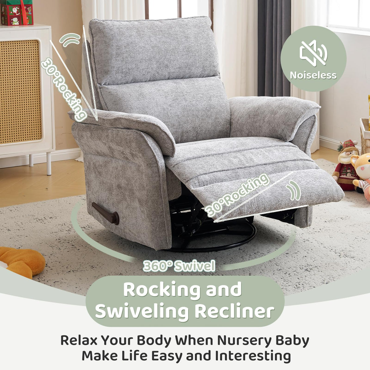 Oversized Rocking Chair Nursery with Adjustable Headrest, 26" Extra Wide Glider Recliner Nursery Chair for Nursery, 360° Swivel Rocker Recliner with Overstuffed Armrest， Light Grey RUTOX