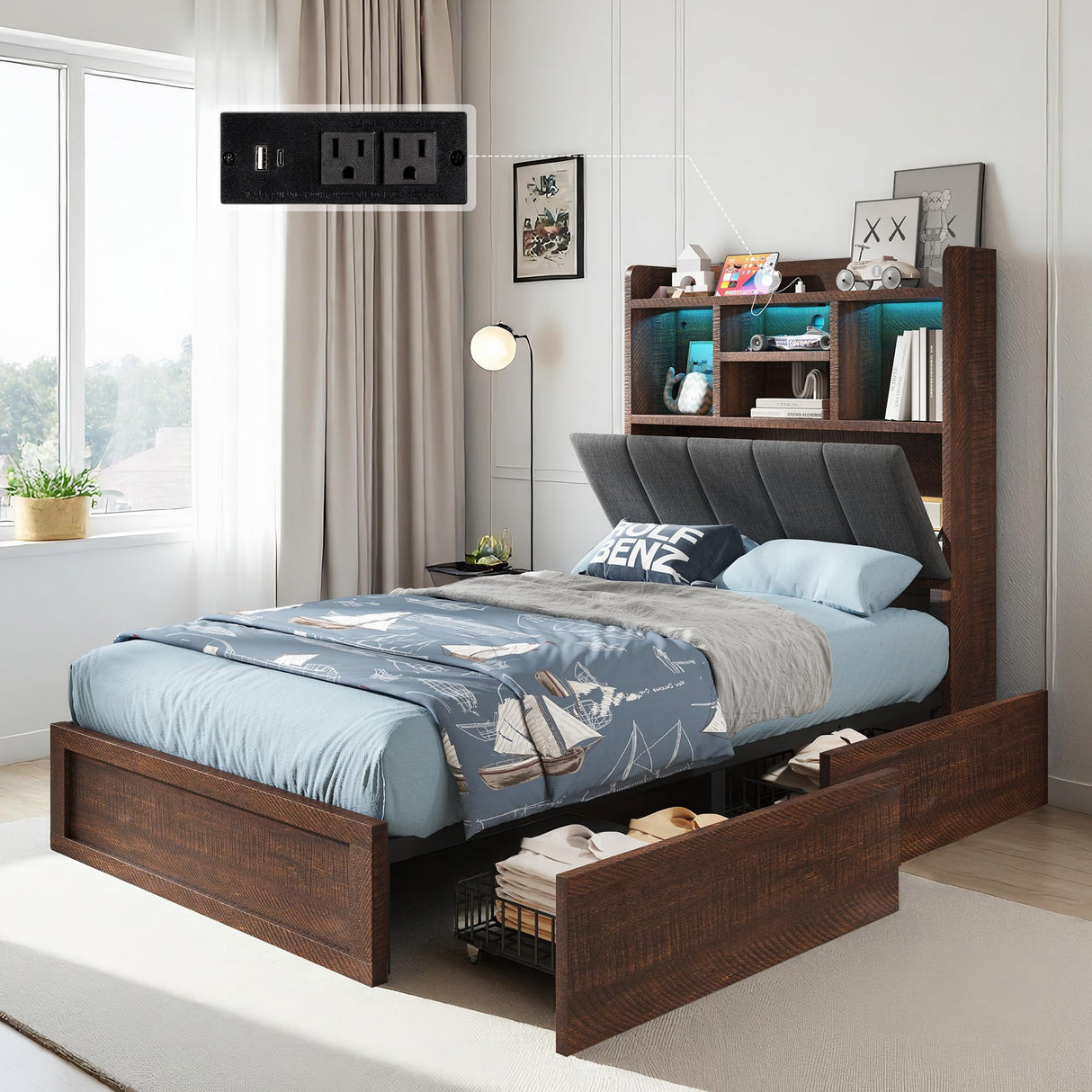 LUXOAK Twin Farmhouse Bed Frame with Bookcase Headboard and 4 Drawers, LED Storage Bed with Charging Station & Linen Upholstered, No Box Spring Needed, Reclaimed Barnwood LUXOAK