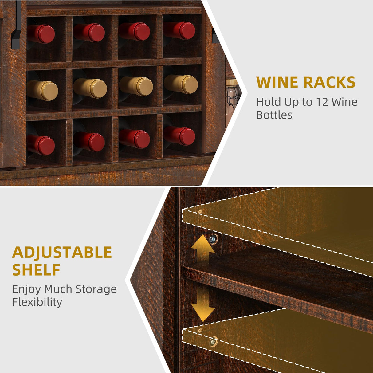 DWVO Farmhouse Coffee Bar Cabinet with Sliding Door and Drawers, 53" Kitchen Sideboard Buffet Cabinet, Home Bar Cabinet with Wine Rack for Kitchen Living Room, 3 Drawers Storage Cabinet, Brown Oak DWVO