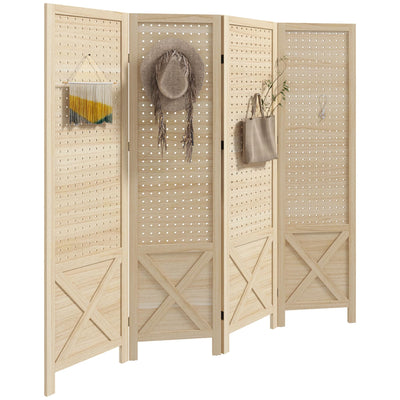 HOMCOM 4 Panel Pegboard Display Room Divider, 4.7' Tall Wood Indoor Portable Folding Privacy Screen, Partition Wall Divider for Home Office, Natural