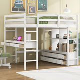 Janusline Full Size Loft Bed with Built-in Desk with Two Drawers, Multifunction Wooden Full Loft Bed Frame with Storage Shelves and Drawers for Apartment Bedroom, Space Saving, White Janusline
