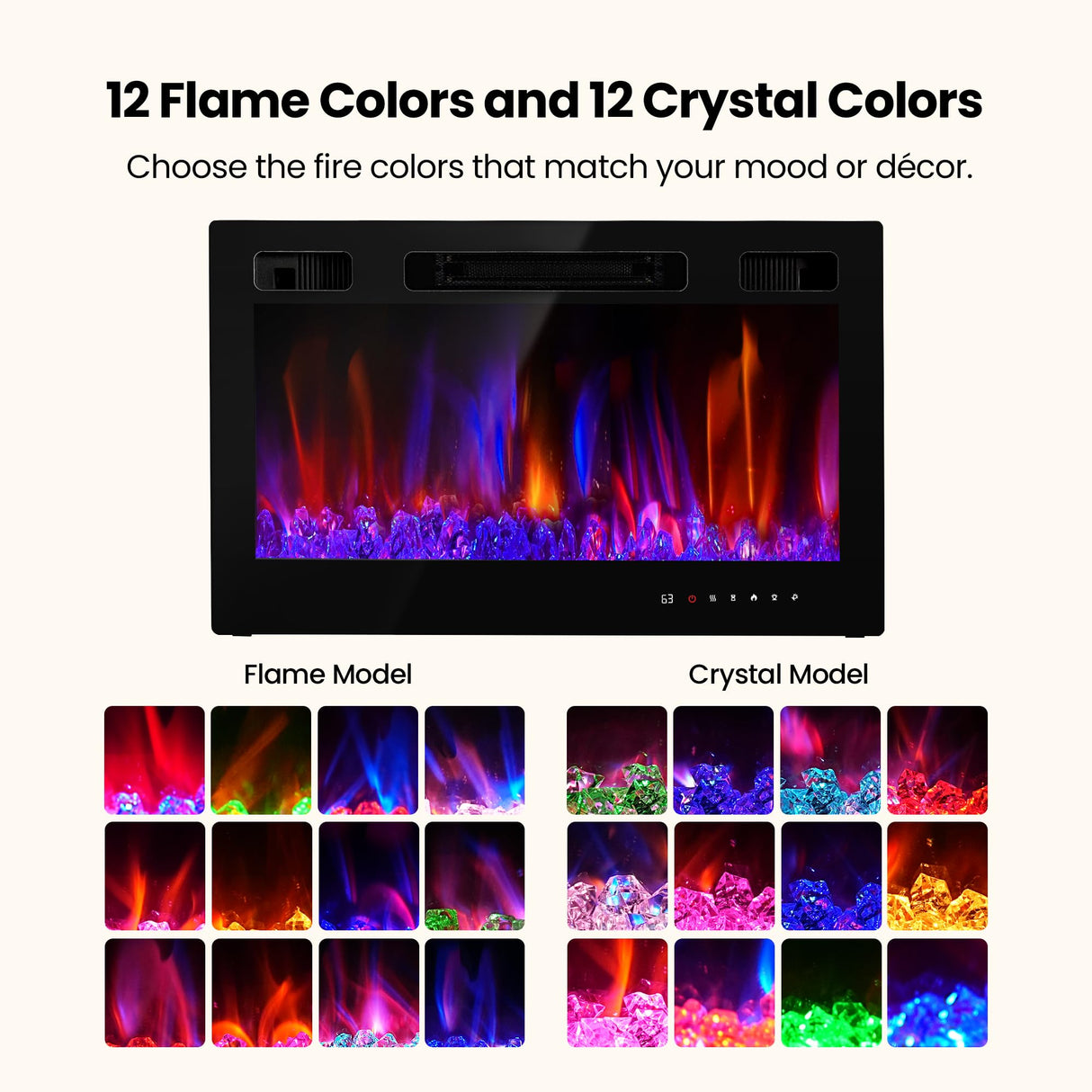 Electric Fireplace Insert 30" Realsmart 1500W Wall Mounted Fireplaces Recessed Heaters Remote Control Slim Black Fireplace Touch Screen Timer 12 Flame Colors LED Decor Low Noise RealSmart