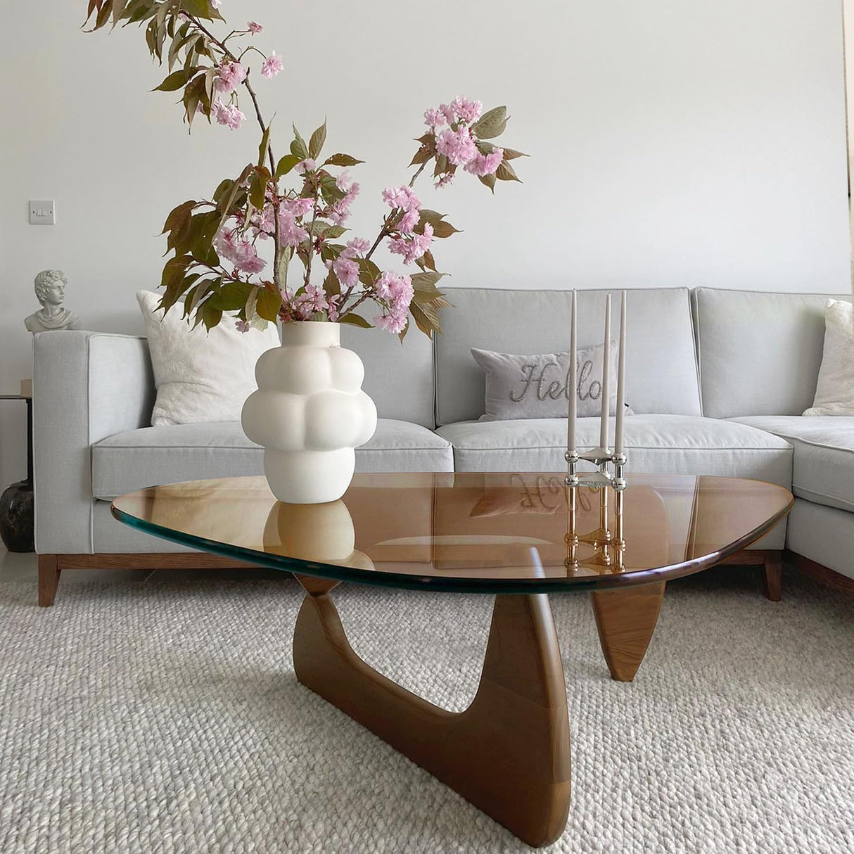 Mid-Century Modern Coffee Table - Triangle Glass Top Natural Wood Base Triangle Coffee Table for Living Room Patio Office Abstract End Tables (Walnut/Brown, Large 45 * 32.3 * 15.7) PRITIY