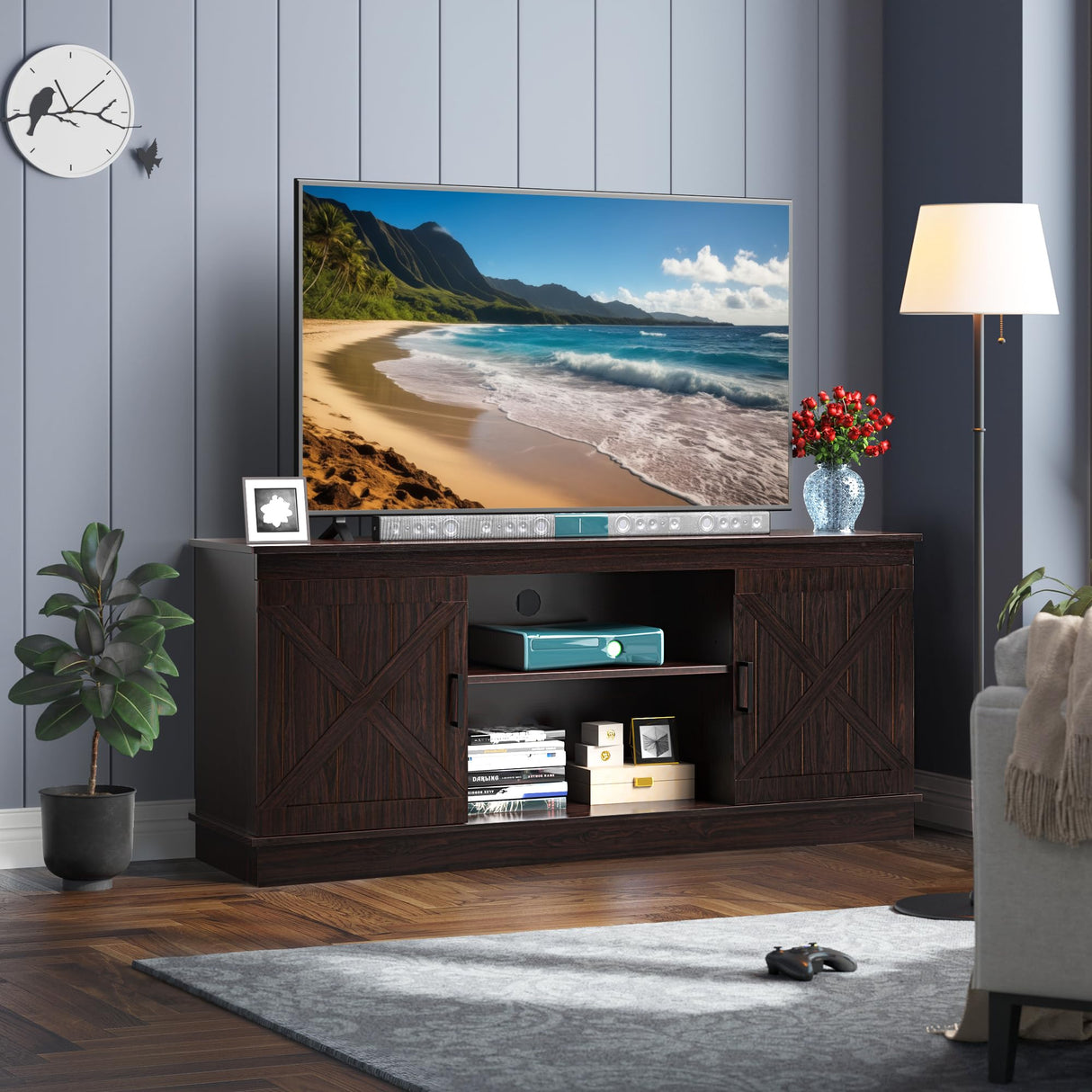 YITAHOME TV Stands for TV up to 65 Inch, Farmhouse Entertainment Center with Double Barn Doors & Storage Cabinets, Rustic TV Cabinet Media Console Table for Living Room, 59 Inches, Espresso YITAHOME