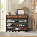 usikey Shoe Rack, 4 Tier Shoe Storage Organizer with 2 Drawers, Metal Shoe Shelf for 12-15 Pairs of Shoes, with 3 Fabric Shelves and Wooden Top, Shoe Stand for Closet Entryway, Rustic Brown usikey