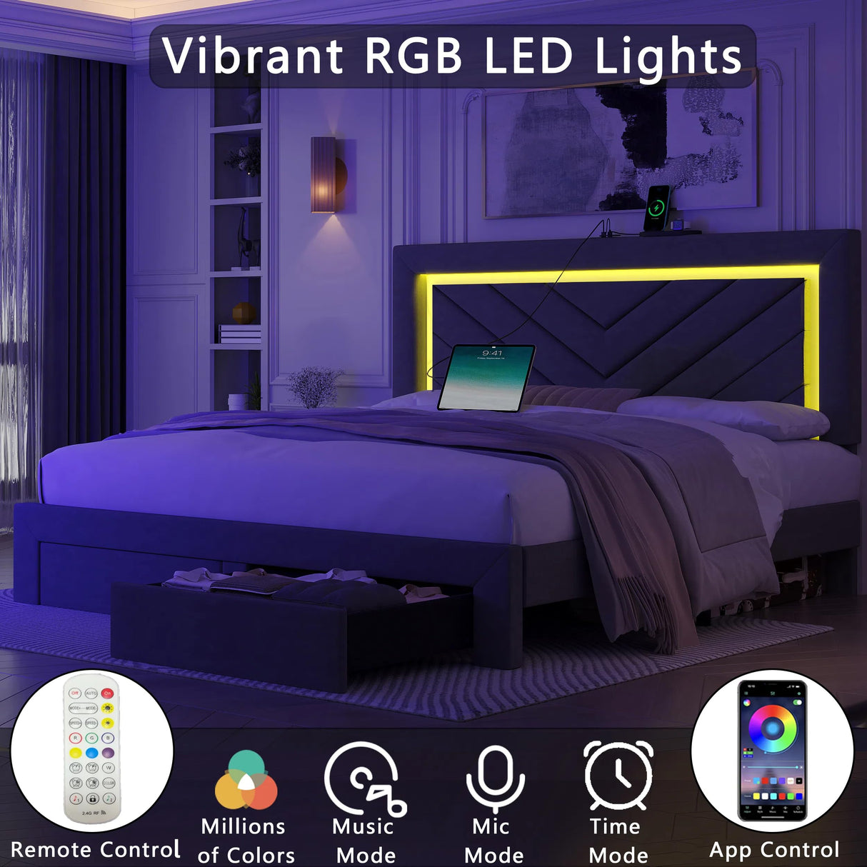 Fastroby Full Size Bed Frame with Adjustable Headboard and 2 Storage Drawers, Upholstered Bed Frame Full with RGB LED Light and Charging Station, Easy Assembly, No Box Spring Needed, Grey Fastroby