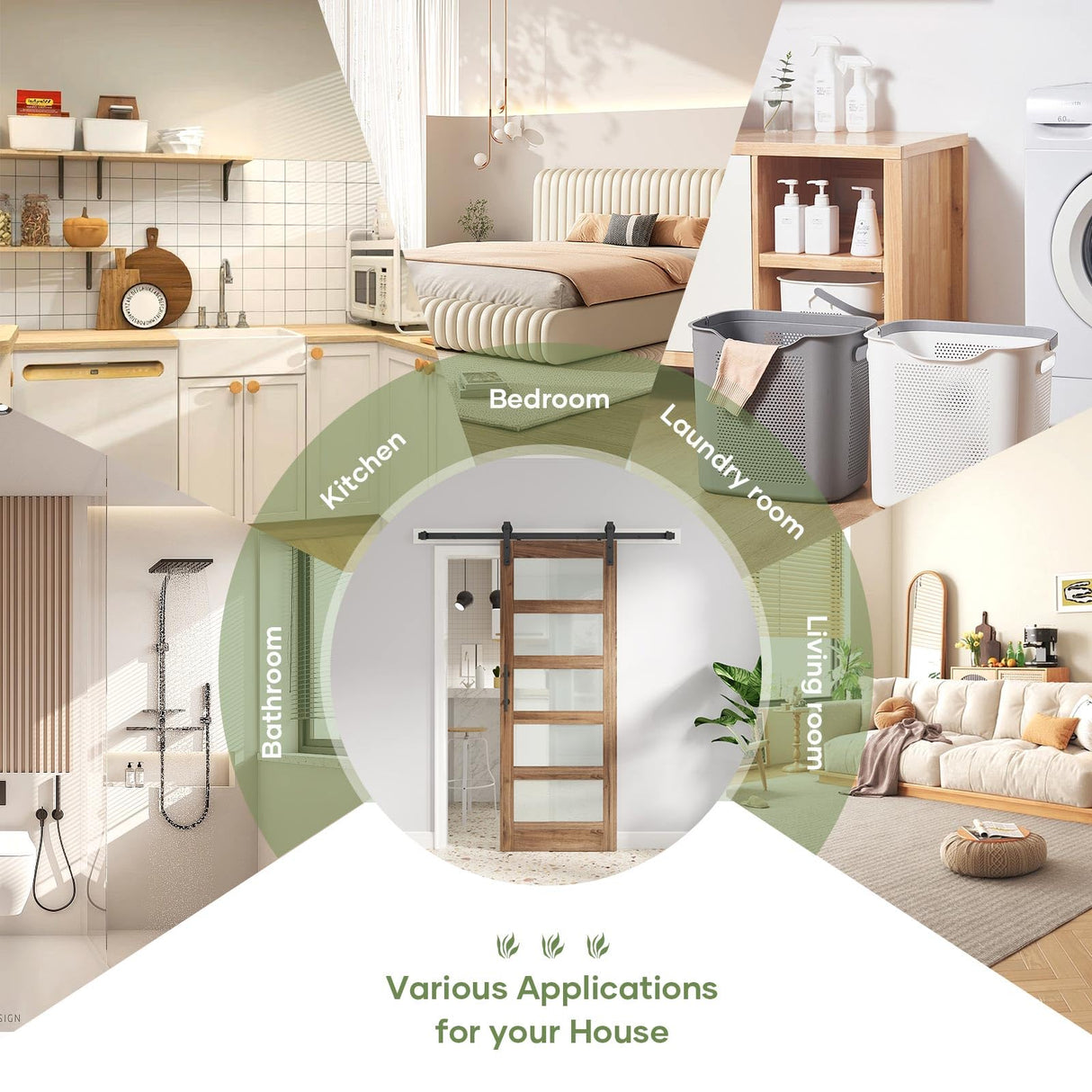 FREDBECK 32in x 80in inch Glass Barn Door with 5.5FT Sliding Barn Door Hardware Kit Included,5-Panel Frosted Glass Wood Panel,Water-Proof Surface,Need Assembly,Fit 29in -30in Opening FREDBECK