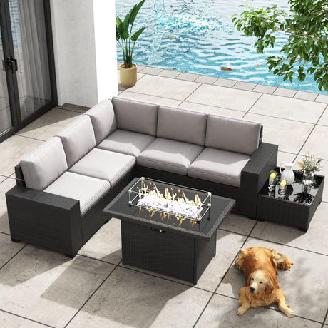 KHOLH Patio Furniture Set with Fire Pit Table, 7 Pieces Outdoor All-Weather Wicker Conversation Sectional Chair Sofa Set KHOLH