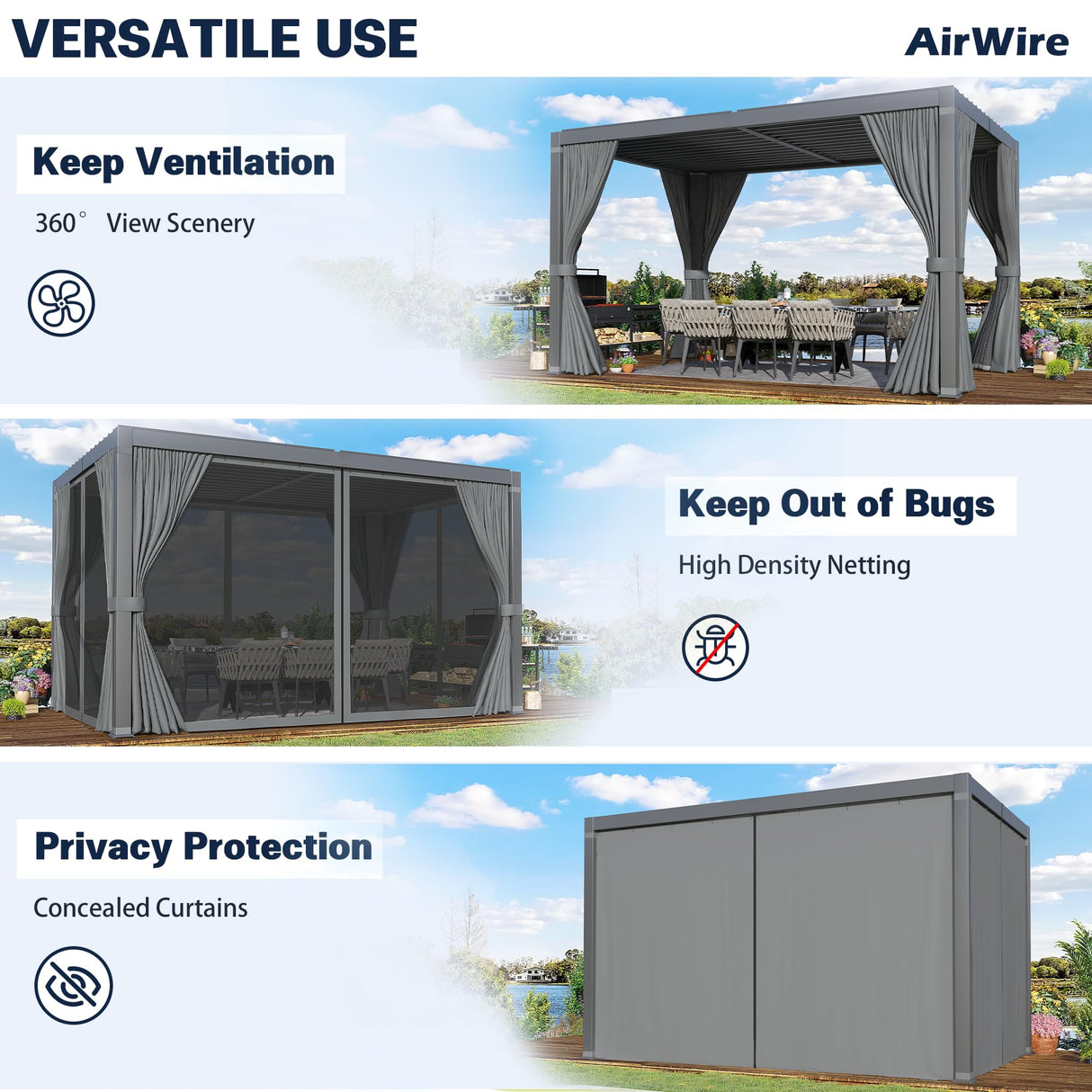 Airwire Pergola 10x12 Ft Louvered Pergola Aluminum Outdoor Pergolas W/Adjustable Roof, Waterproof Curtains and Nets Outdoor Gazebo for Deck,Patio,Backyard and Garden AirWire