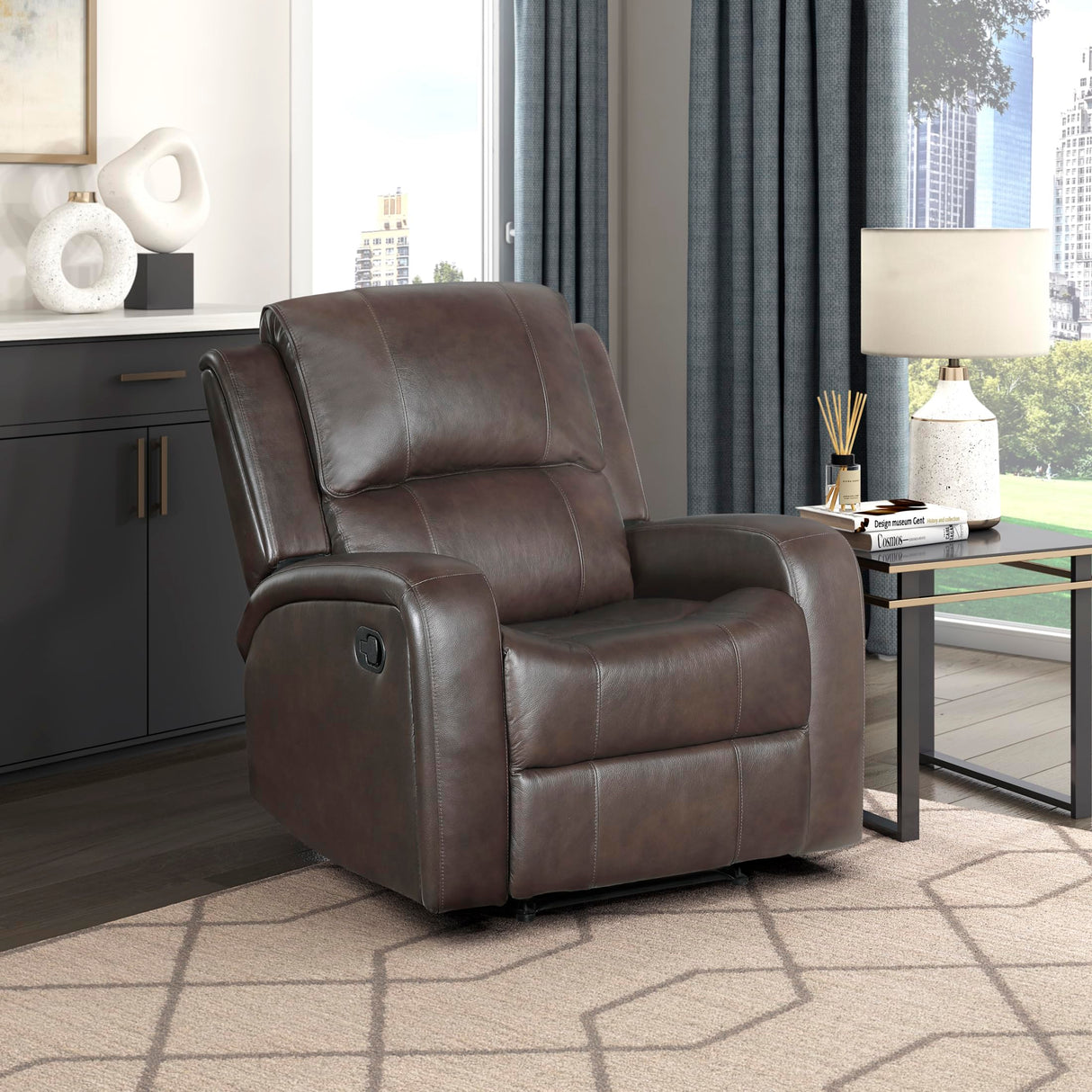 Lexicon Manual Reclining Chair, Top Grain Leather Match Wall Hugger Recliner Chair, Tab Pull Reclining, High Density Foam Over Pocket Coils, for Living Room/Reading Nook/Bedroom, Brown Lexicon