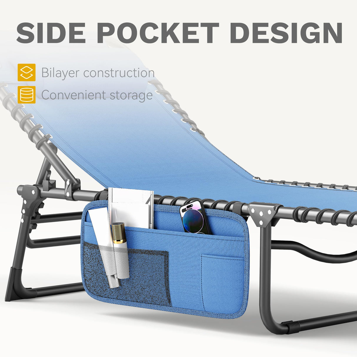 DWVO Patio Lounge Chair, Portable Recliner Lounge Chair Folding Camping Cot, Reclining Chairse Lounge 5 Posistion Adjustable w/Head Pillow & Portable Handbag for Camping, Pool, Beach and Patio, Blue DWVO