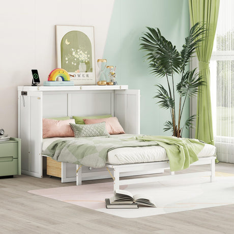 KEIKI Full Size Cabinet Murphy Bed with Charging Station and Drawers, Multiple Storage Foldable Hideaway Wall Murphy Bed Frame with Solid Slats, No Box Spring Needed, Easy Assembly, for Bedroom, White KEIKI