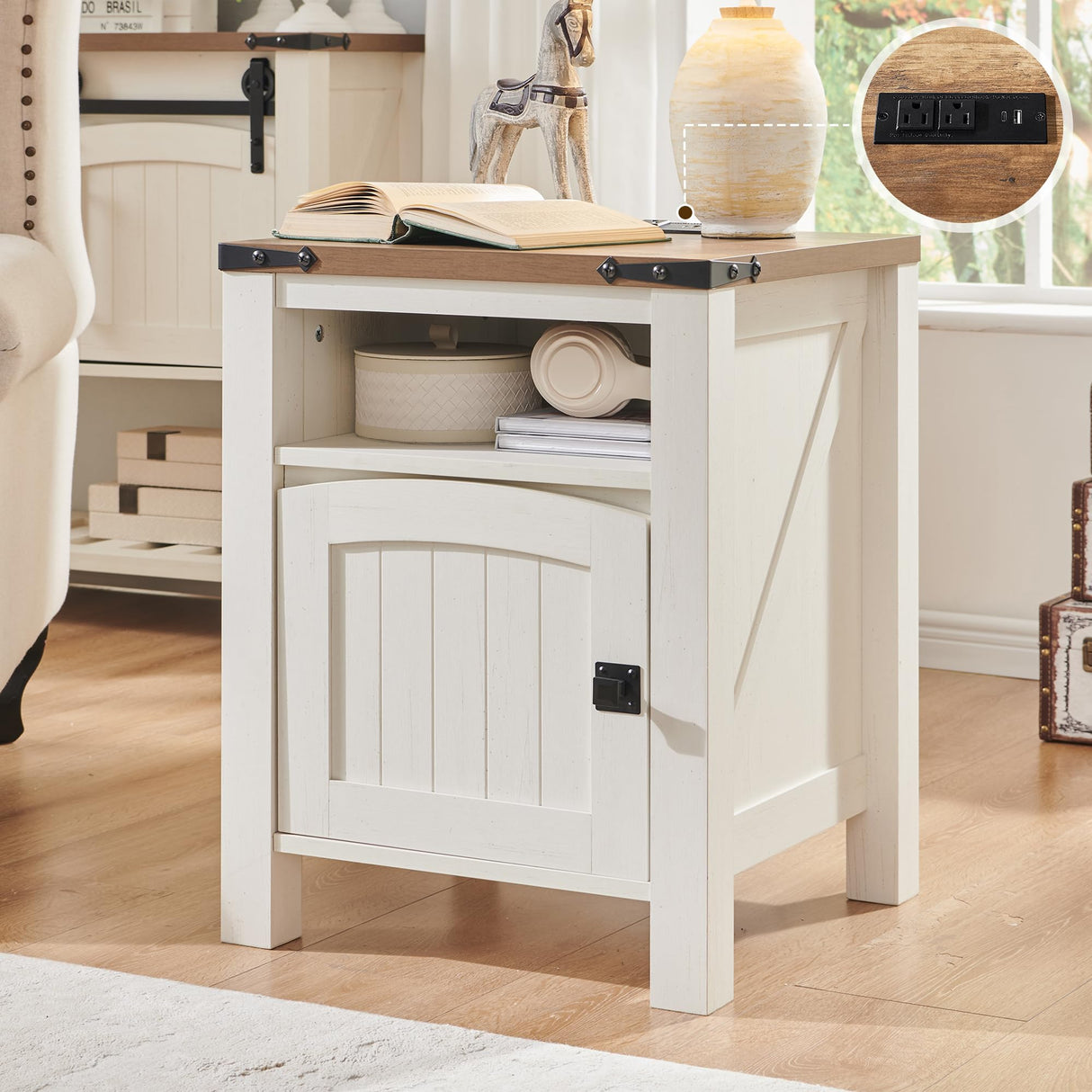 OKD Farmhouse Nightstand with Charging Station, 18" Rustic End Table with Adjustable Storage Shelf, Wood Rustic Wood Sofa Side Table for Bedroom OKD