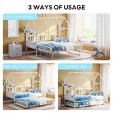 LIKIMIO Daybed with Pop Up Trundle, House Metal Twin Bed Frame with Bedside Storage,Sofa Day Bed for Living Room, Bedroom and Guest Room,White LIKIMIO