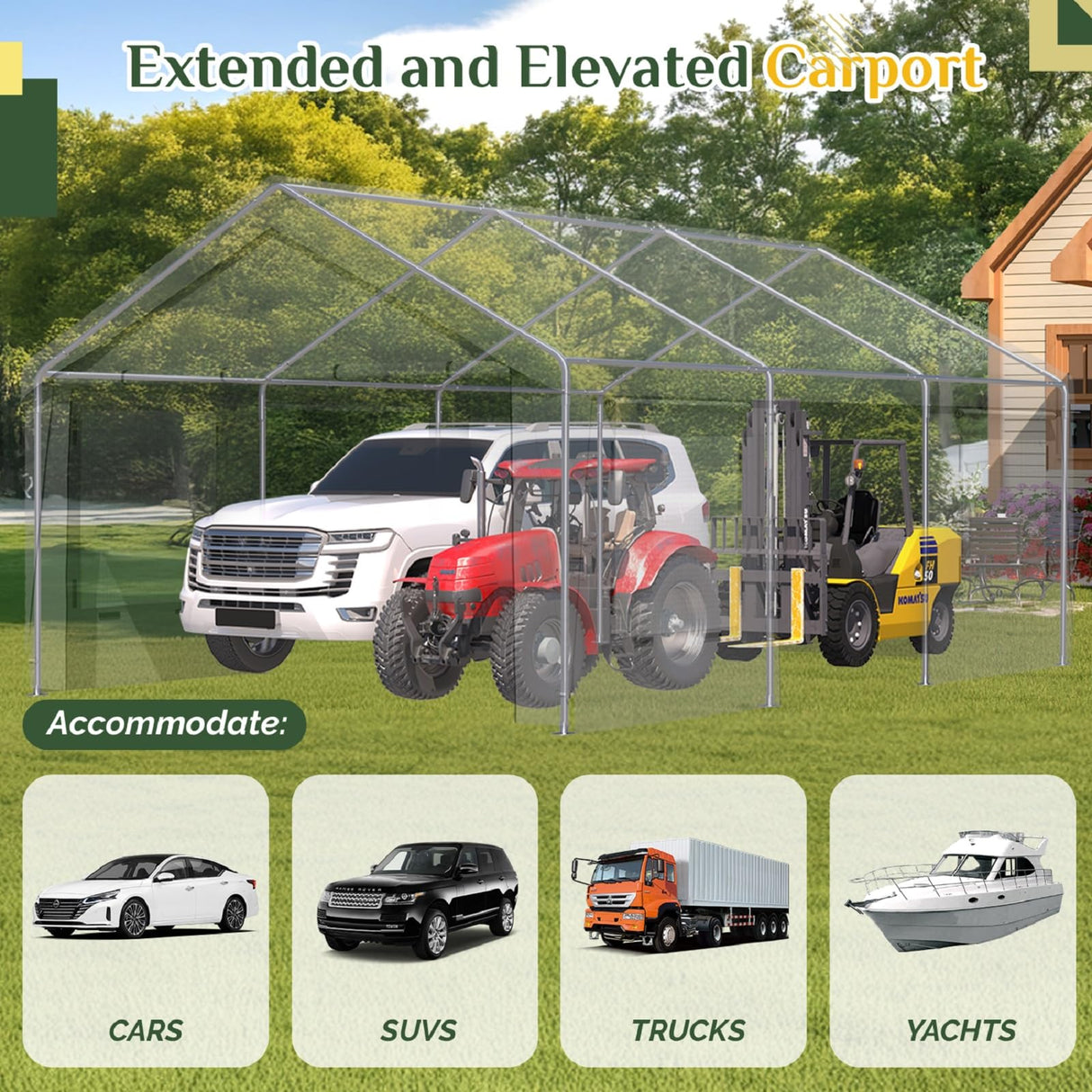 EROMMY 13' x 20' Carport，Portable Garage with UV Protection & Steel Frame, Heavy Duty Car Port with Removable Sidewalls, All-Season Car Canopy for Tractor, Truck, Boat, Outer Gray and Inner White EROMMY